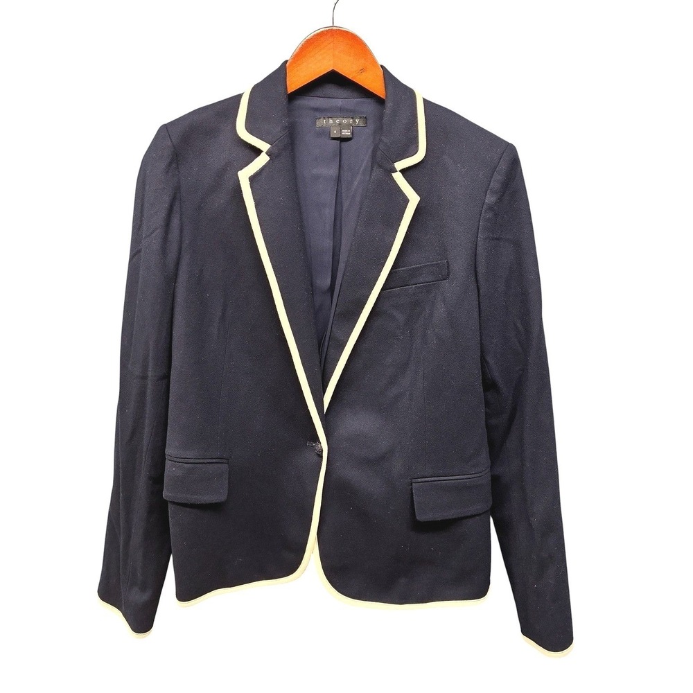 Theory Contrast Piping Blazer Jacket Womens 6 Navy Blue Office Business Casual